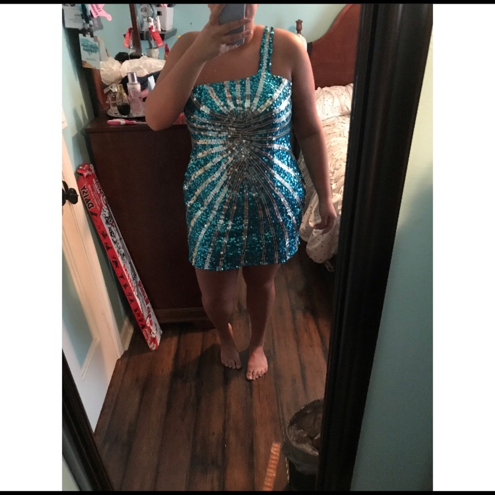 One Shoulder Teal & Silver Sequined Formal Dress